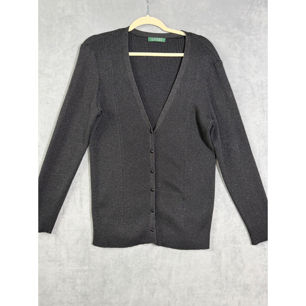 Lauren Ralph Lauren Black Cardigan Sweater Metallic Glitter Finish Sz L/XL Women